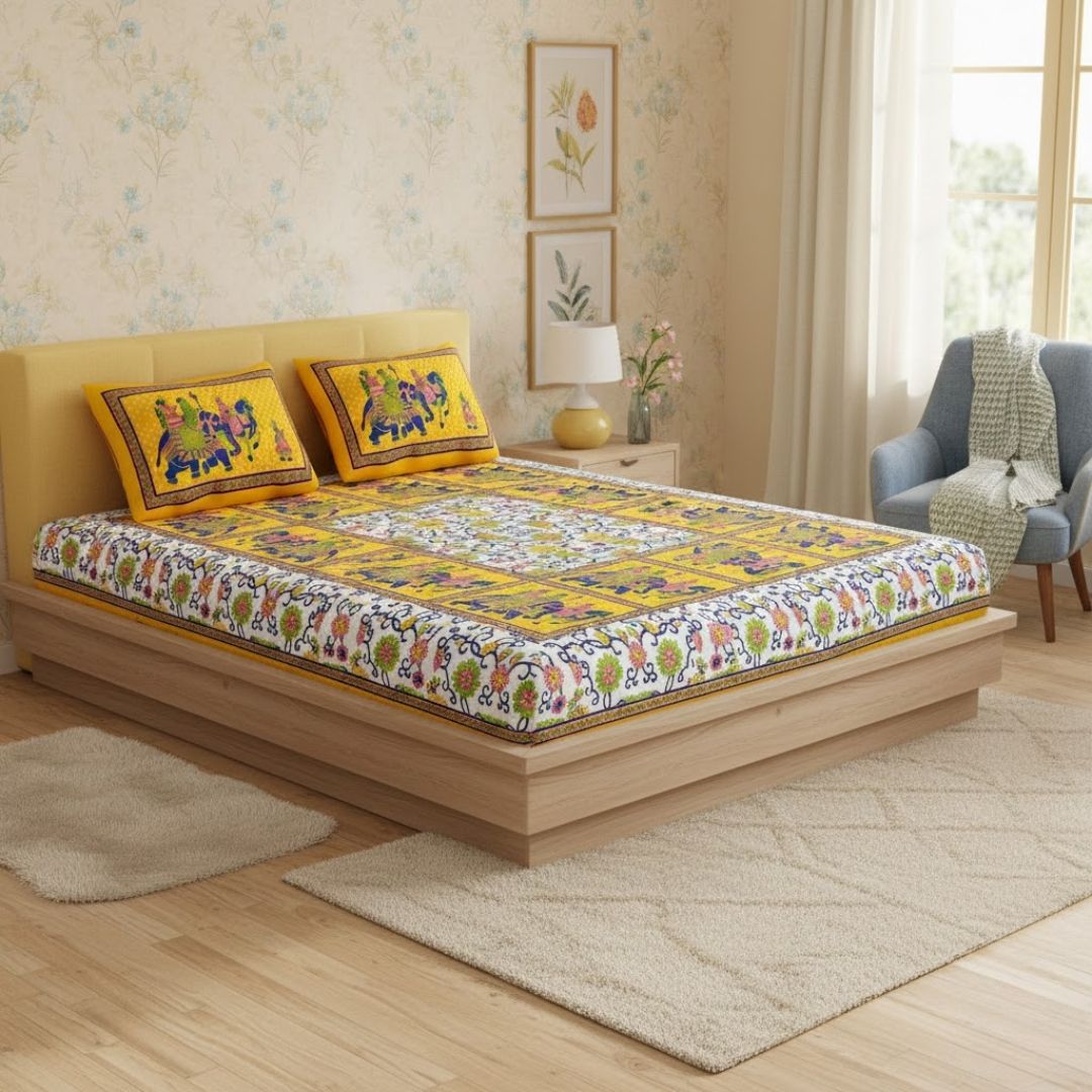 Yellow Border Big Elephant Printed Cotton Double Bed Sheet